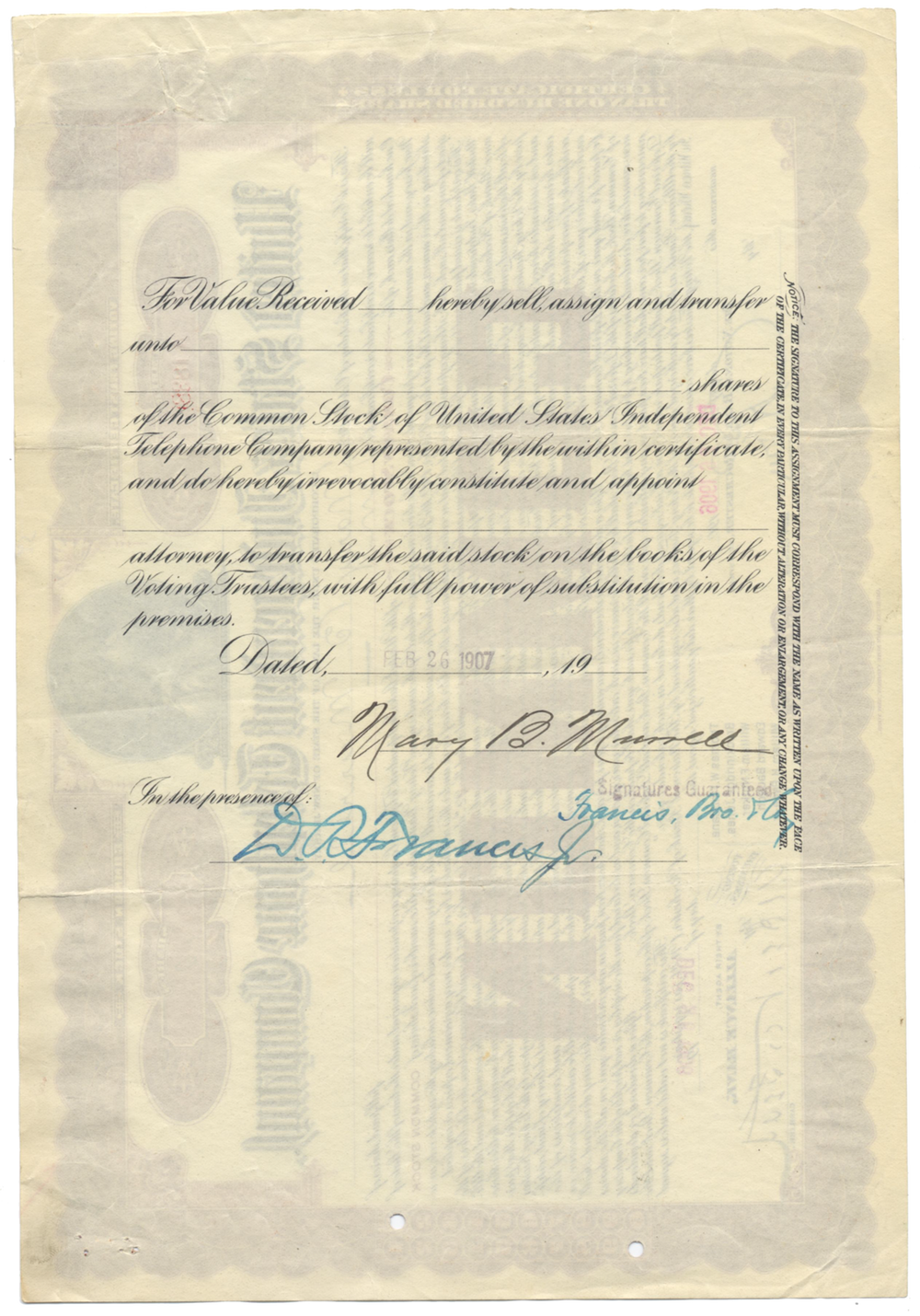 United States Independent Telephone Company Stock Certificate