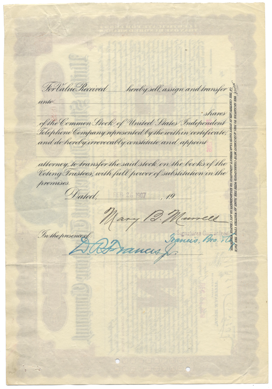 United States Independent Telephone Company Stock Certificate