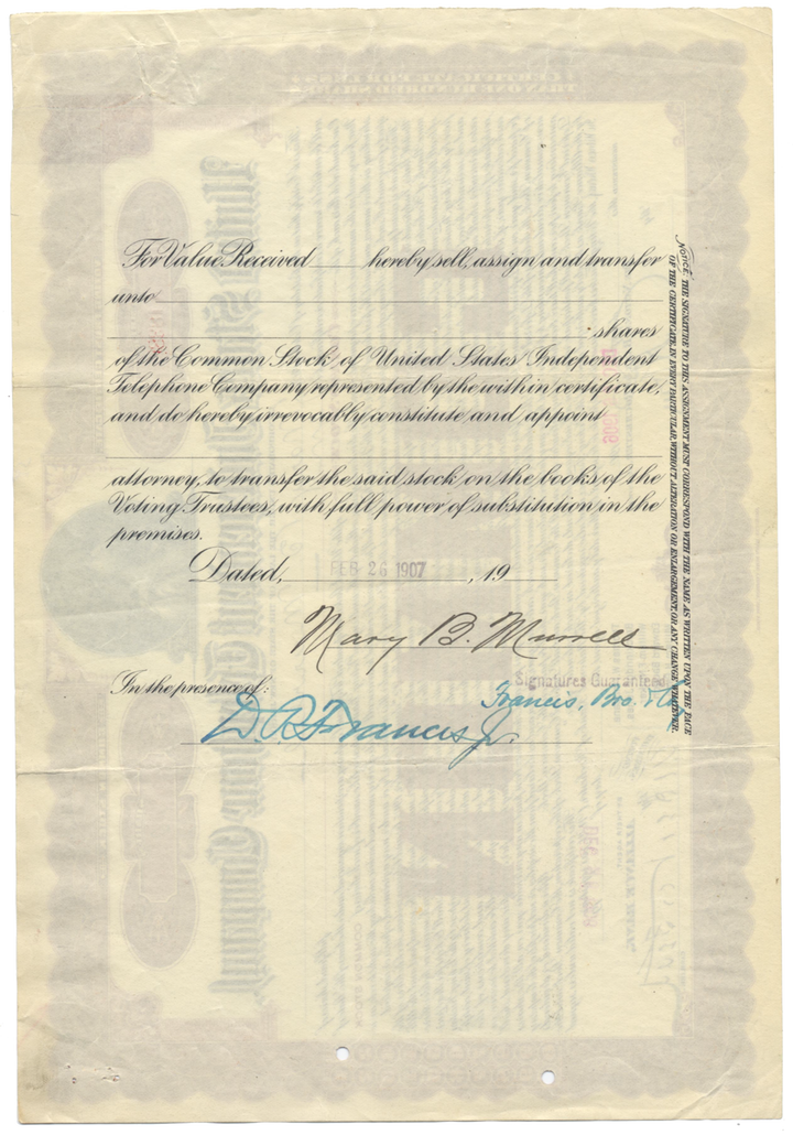 United States Independent Telephone Company Stock Certificate