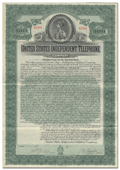 United States Independent Telephone Company Bond Certificate
