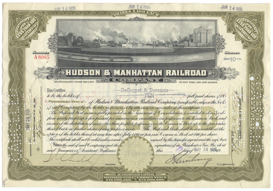 Hudson & Manhattan Railroad Company Stock Certificate