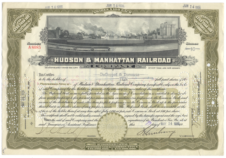 Hudson & Manhattan Railroad Company Stock Certificate