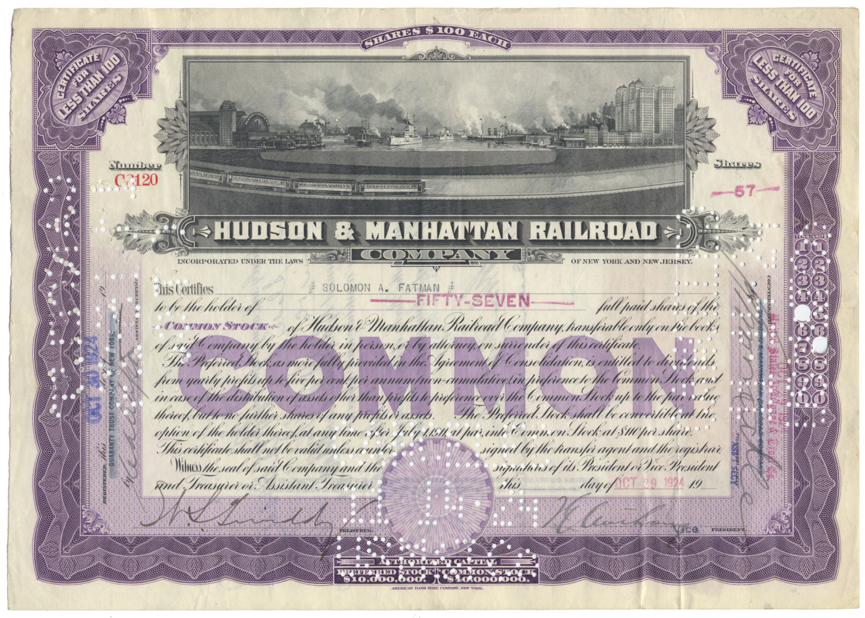 Hudson & Manhattan Railroad Company Stock Certificate