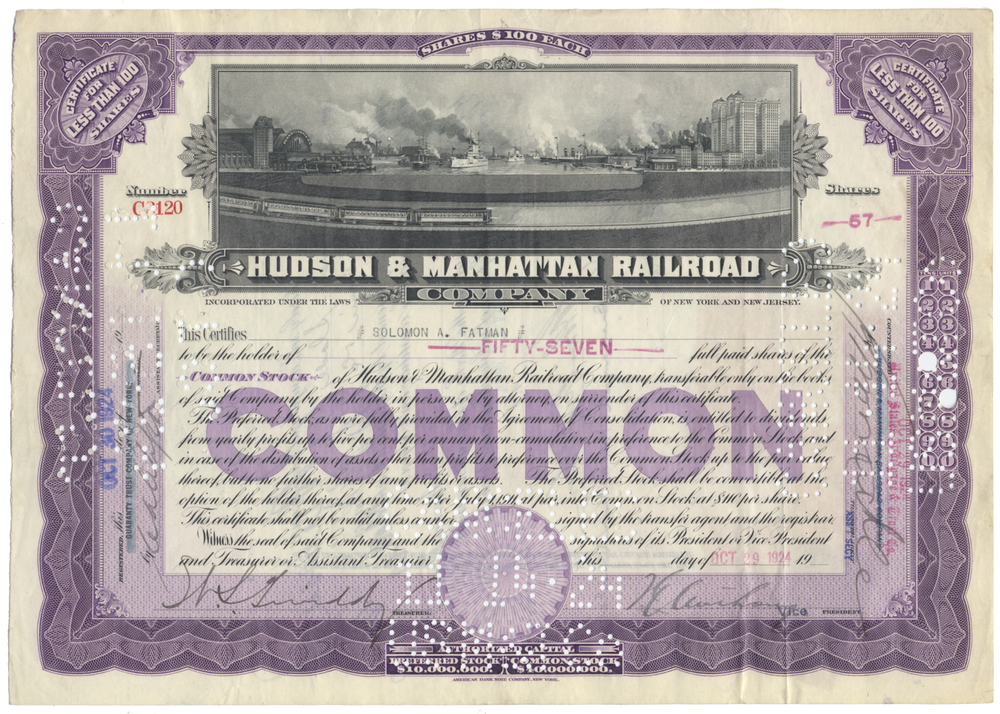Hudson & Manhattan Railroad Company Stock Certificate
