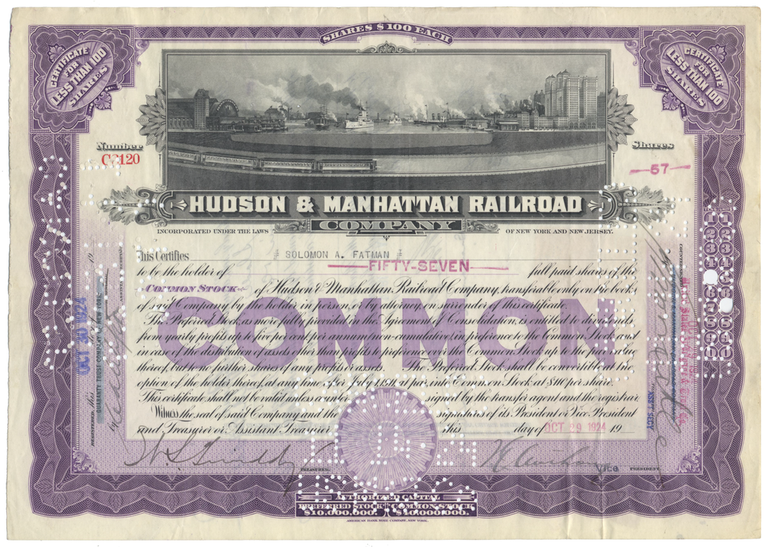 Hudson & Manhattan Railroad Company Stock Certificate