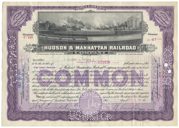 Hudson & Manhattan Railroad Company Stock Certificate