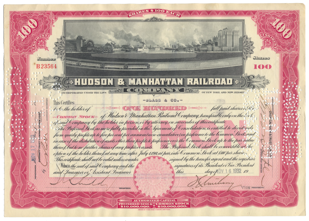 Hudson & Manhattan Railroad Company Stock Certificate