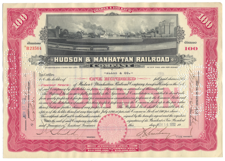 Hudson & Manhattan Railroad Company Stock Certificate