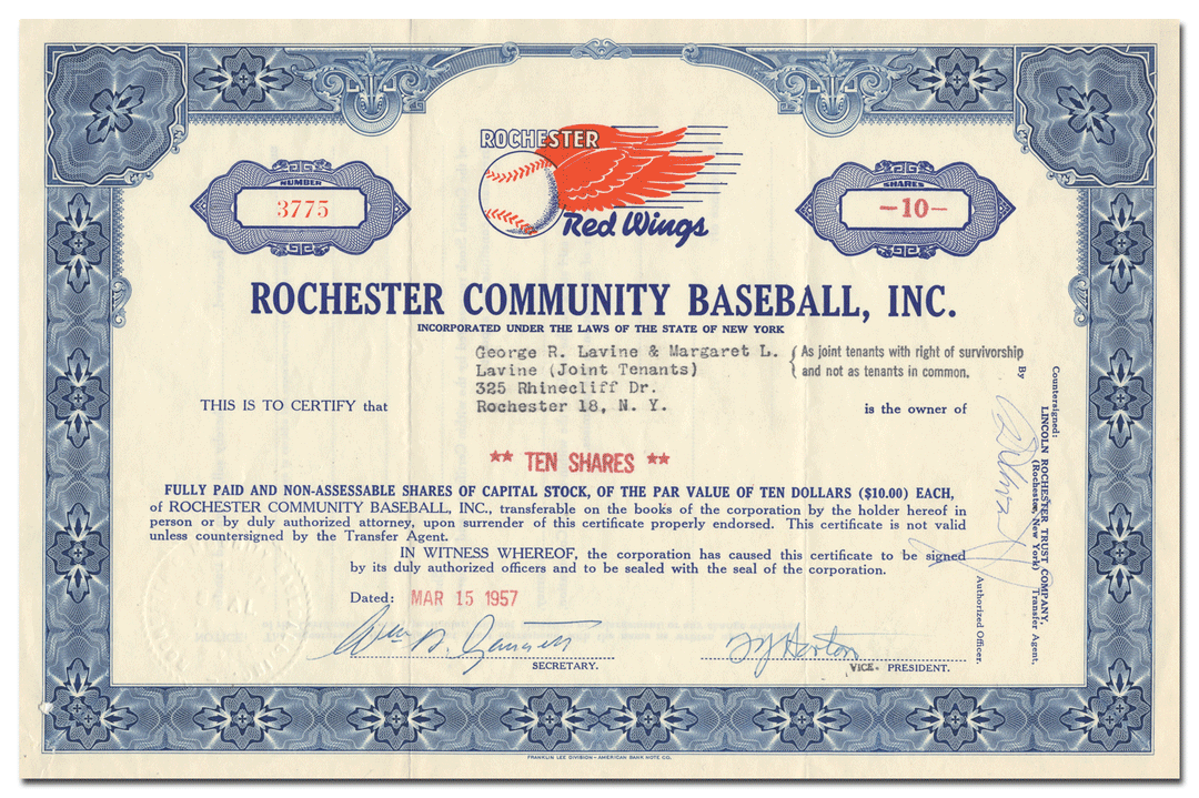 Rochester Community Baseball, Inc. Stock Certificate