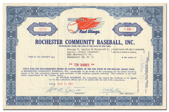 Rochester Community Baseball, Inc. Stock Certificate