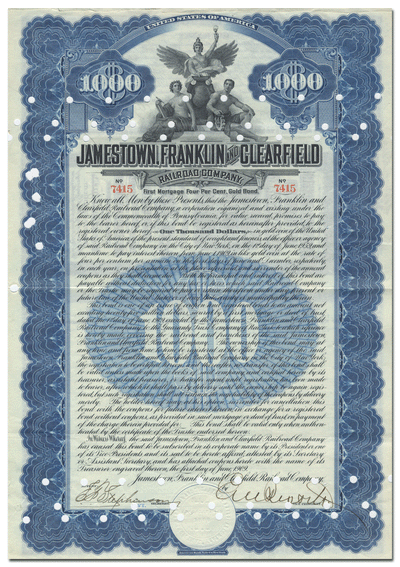 Jamestown, Franklin and Clearfield Railroad Company Bond Certificate