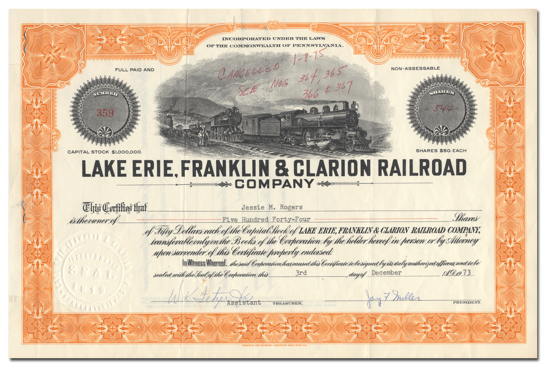 Lake Erie, Franklin & Clarion Railroad Company Stock Certificate