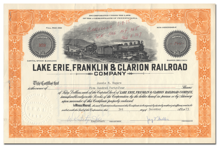 Lake Erie, Franklin & Clarion Railroad Company Stock Certificate