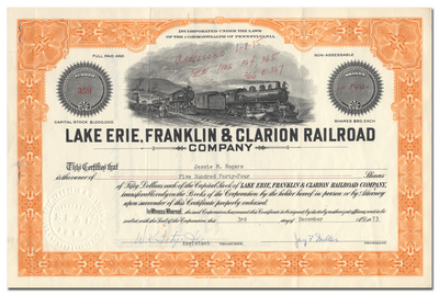 Lake Erie, Franklin & Clarion Railroad Company Stock Certificate