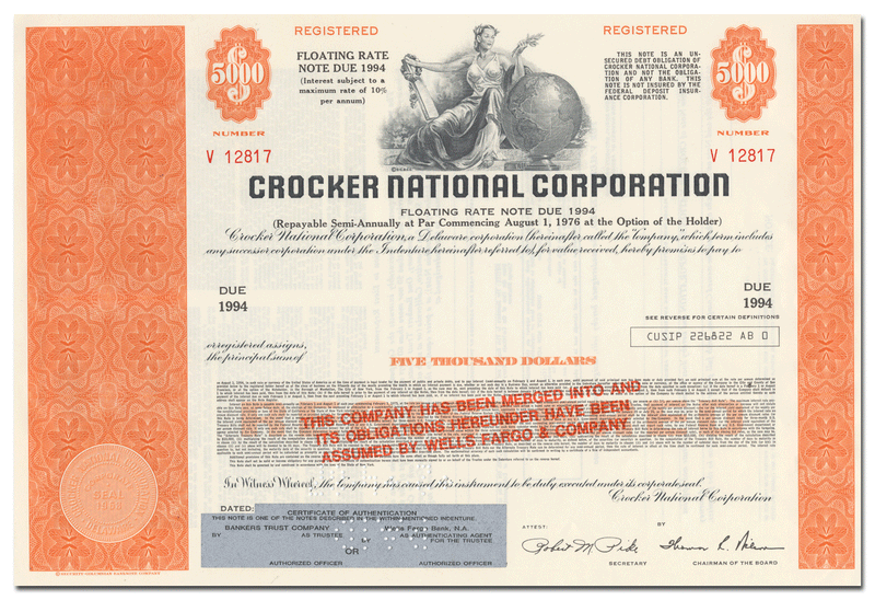 Crocker National Corporation Bond Certificate