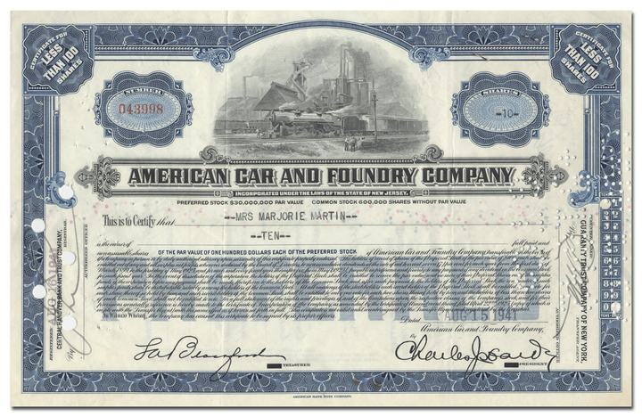 American Car and Foundry Company Stock Certificate