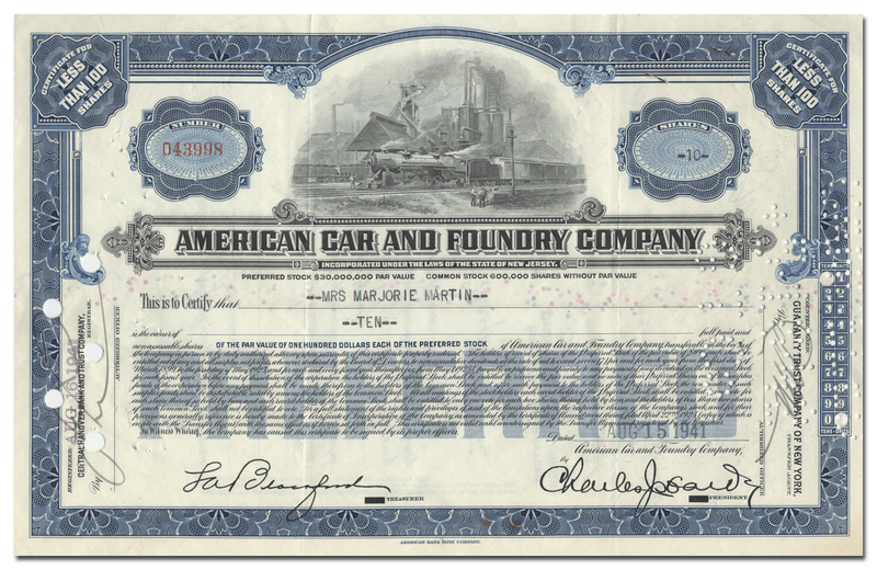American Car and Foundry Company Stock Certificate
