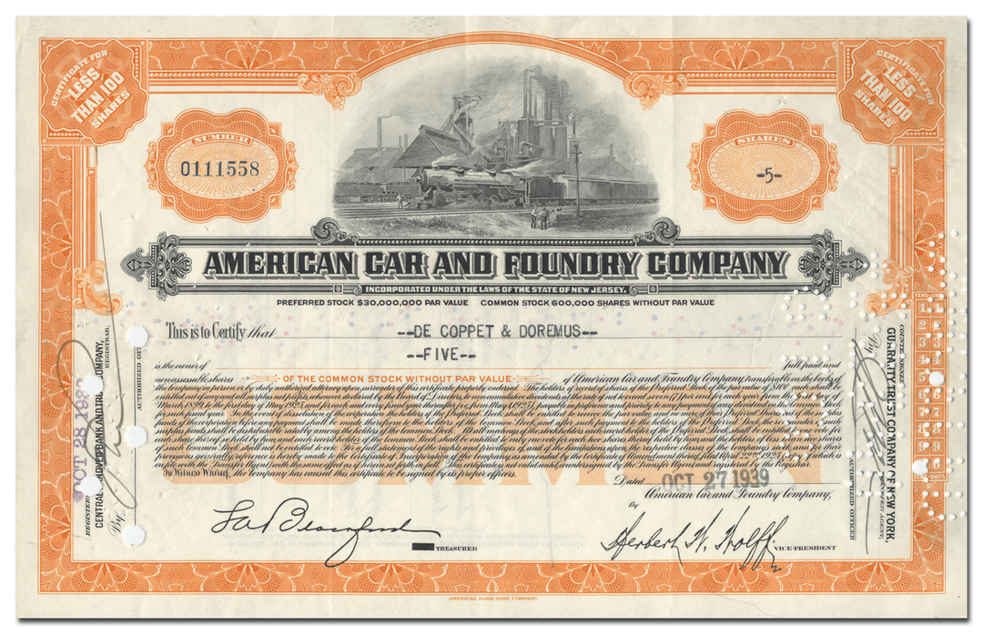 American Car and Foundry Company Stock Certificate