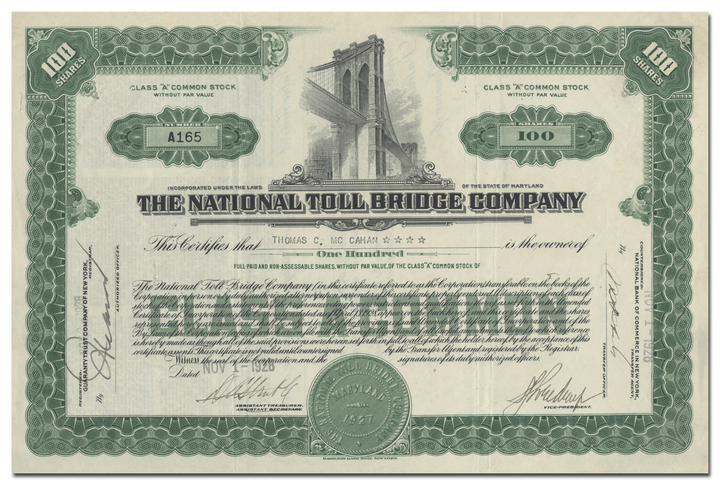 National Toll Bridge Company Stock Certificate