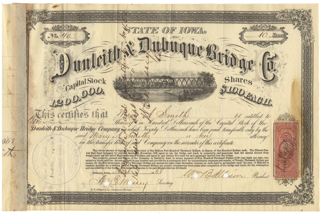 Dunleith & Dubuque Bridge Company Stock Certificate Signed by William B. Allison