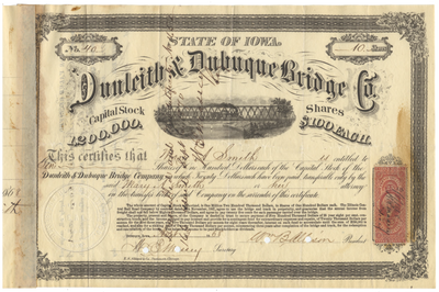 Dunleith & Dubuque Bridge Company Stock Certificate Signed by William B. Allison