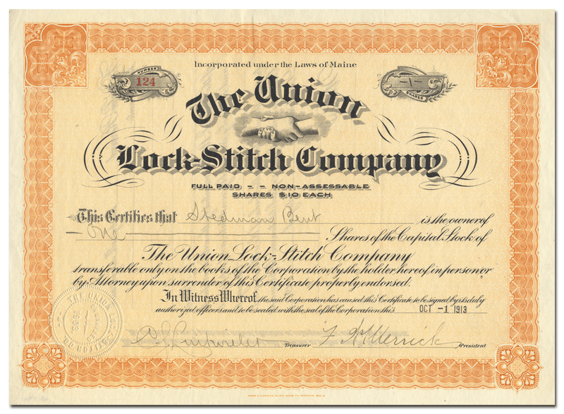 Union Lock-Stitch Company Stock Certificate