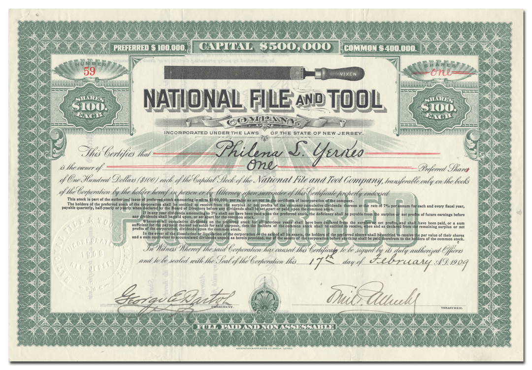 National File and Tool Company Stock Certificate