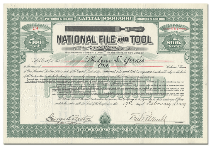 National File and Tool Company Stock Certificate