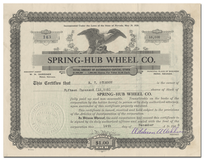 Spring-Hub Wheel Co. Stock Certificate