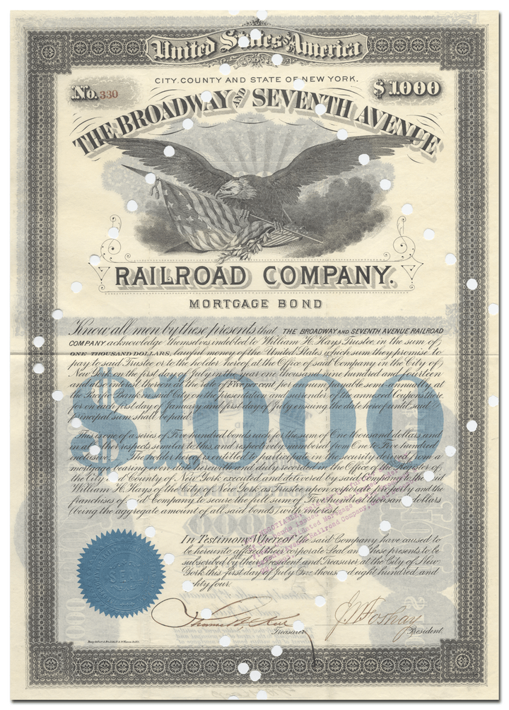 Broadway and Seventh Avenue Railroad Company Bond Certificate