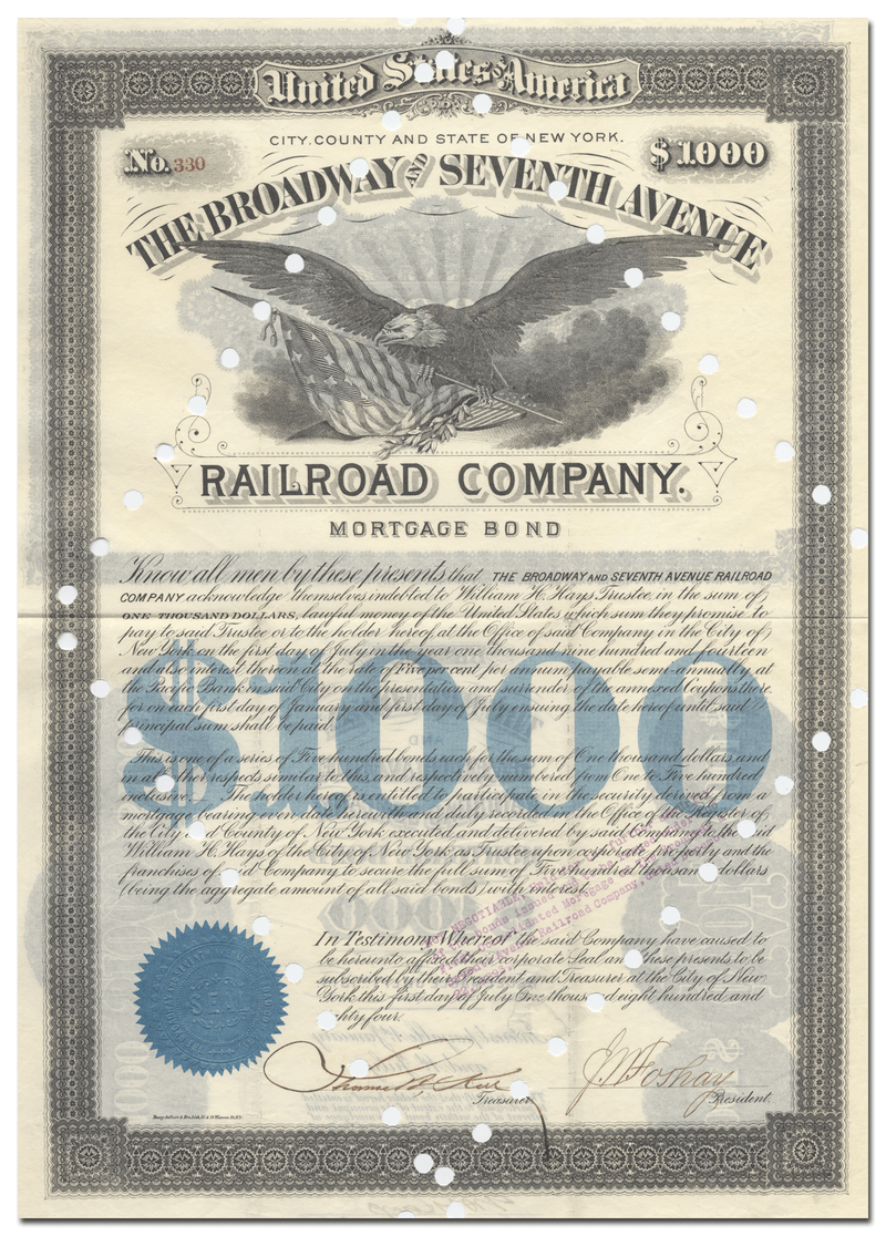 Broadway and Seventh Avenue Railroad Company Bond Certificate
