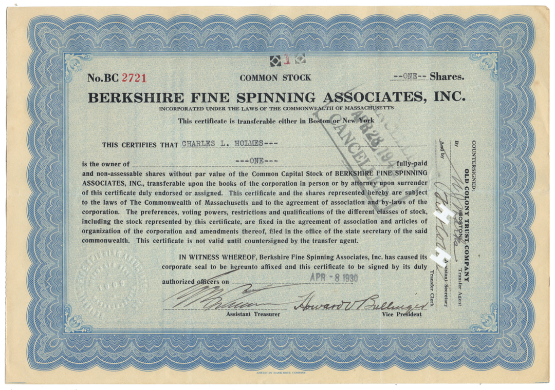 Berkshire Fine Spinning Associates, Inc. Stock Certificate