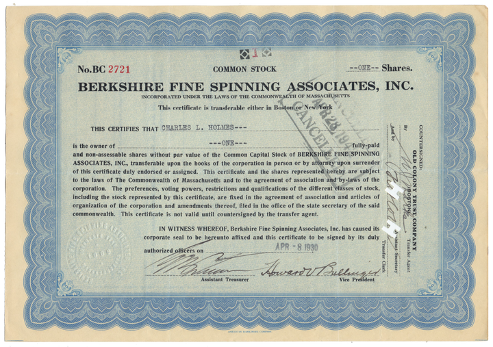 Berkshire Fine Spinning Associates, Inc. Stock Certificate