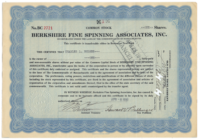 Berkshire Fine Spinning Associates, Inc. Stock Certificate