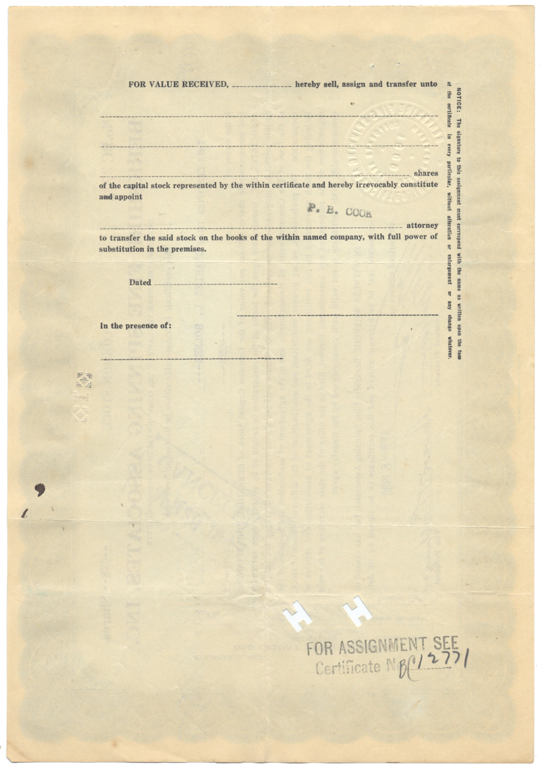 Berkshire Fine Spinning Associates, Inc. Stock Certificate