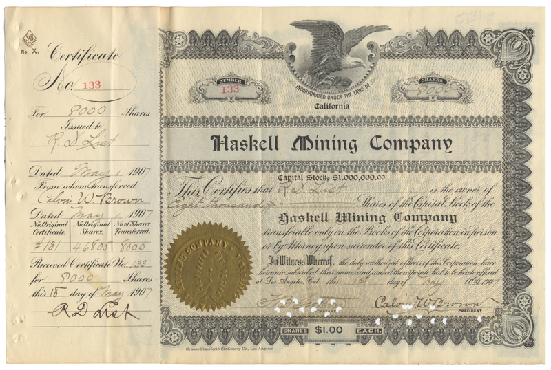 Haskell Mining Company Stock Certificate