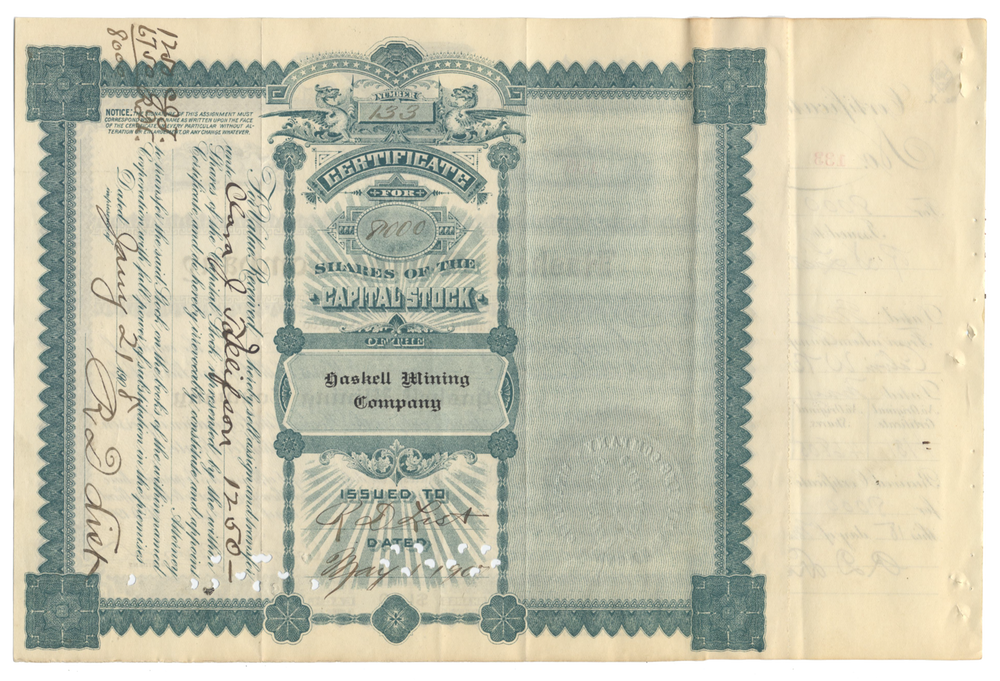 Haskell Mining Company Stock Certificate