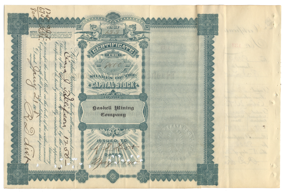 Haskell Mining Company Stock Certificate