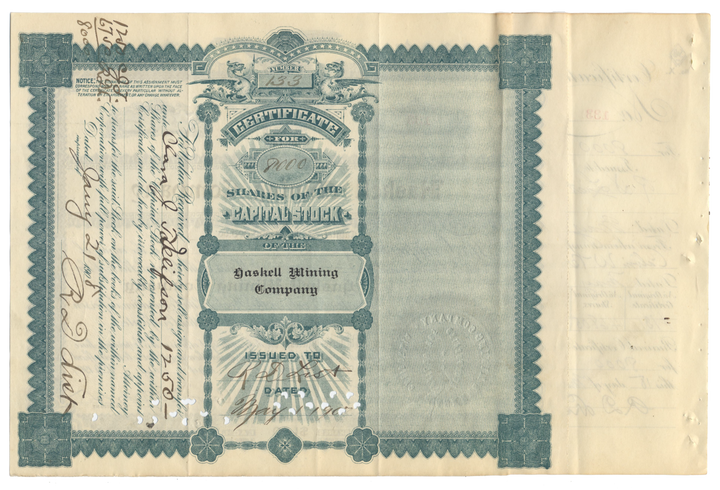 Haskell Mining Company Stock Certificate