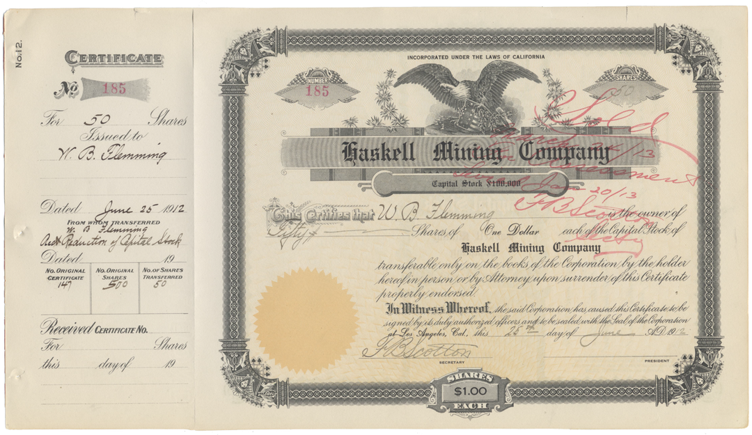 Haskell Mining Company Stock Certificate