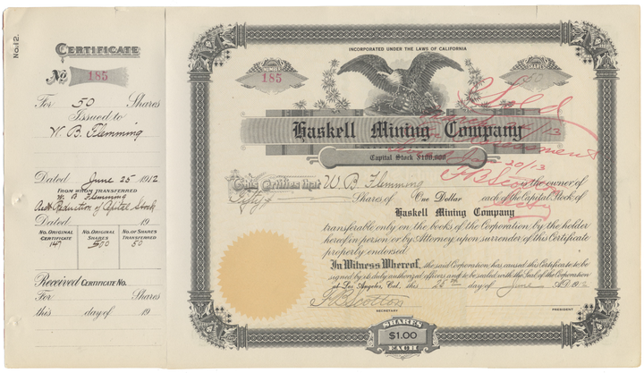 Haskell Mining Company Stock Certificate