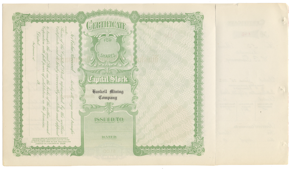 Haskell Mining Company Stock Certificate