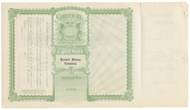 Haskell Mining Company Stock Certificate