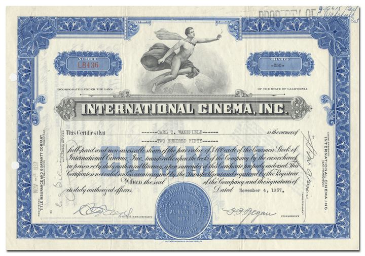 International Cinema, Inc. Stock Certificate