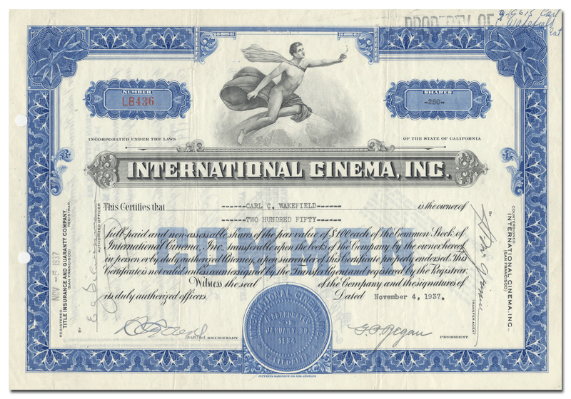 International Cinema, Inc. Stock Certificate