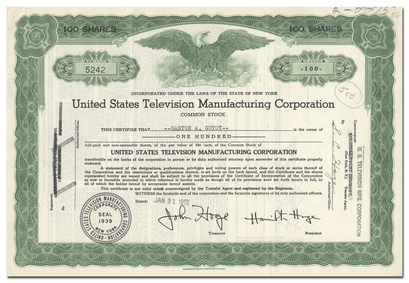 United States Television Manufacturing Corporation Stock Certificate
