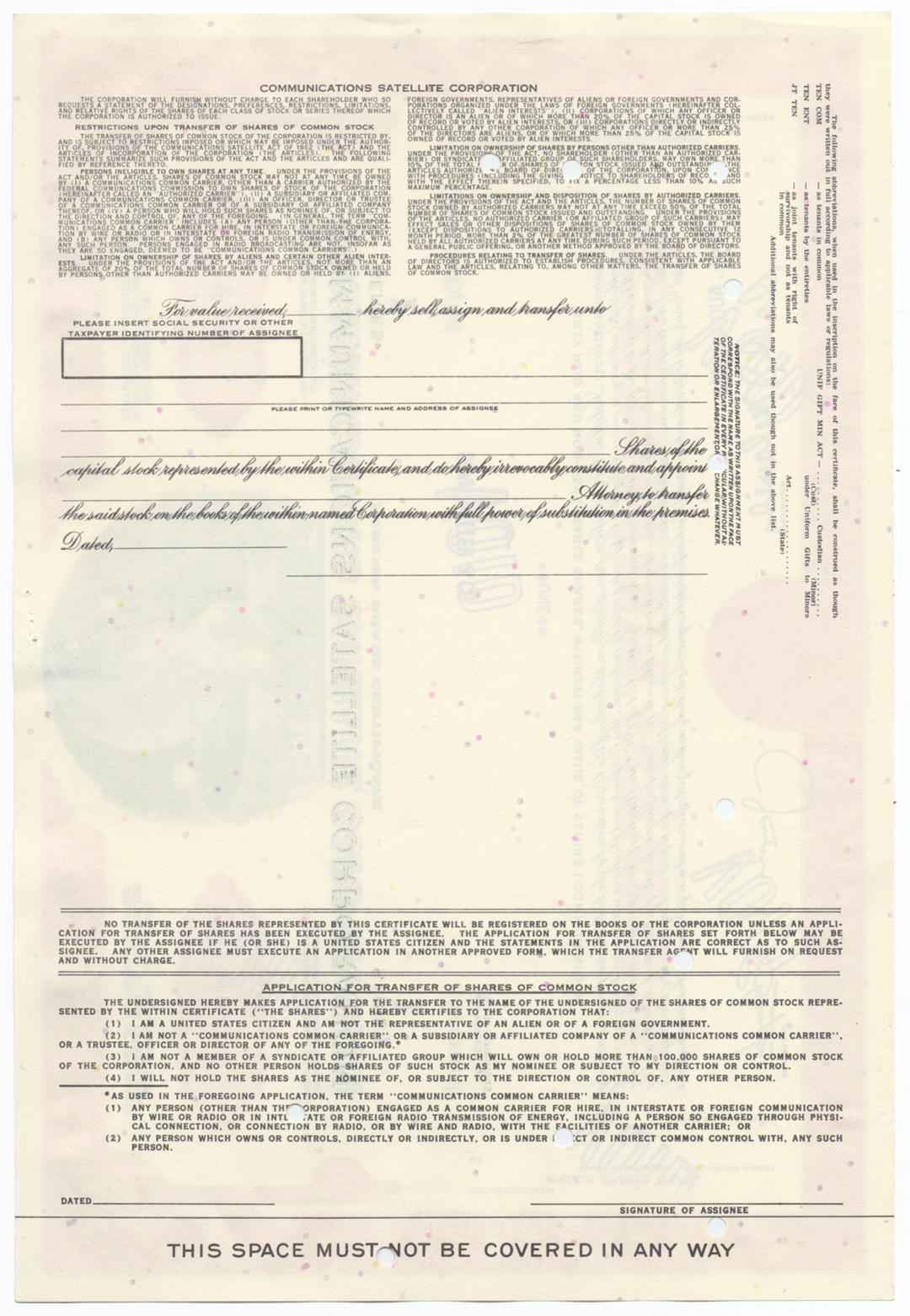 Communications Satellite Corporation Stock Certificate