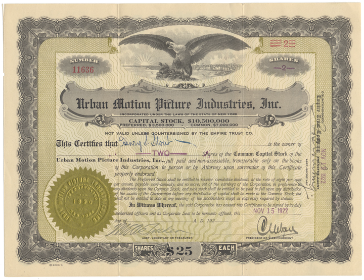 Urban Motion Picture Industries, Inc. Stock Certificate Signed by Charles Urban)