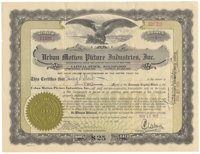 Urban Motion Picture Industries, Inc. Stock Certificate Signed by Charles Urban)