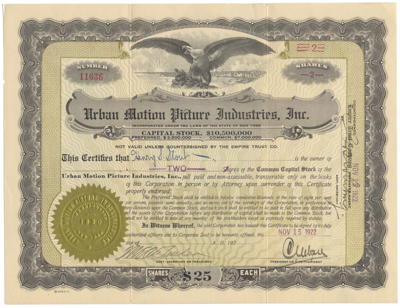 Urban Motion Picture Industries, Inc. Stock Certificate Signed by Charles Urban)
